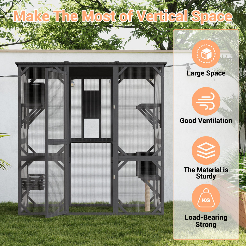 Garvee 70" Large Wooden Cat Cage with Roof, Multi-Level Cat House with 4 Platforms, Hammock & Scratching Post, Cats Enclosure Window Access for Outdoor & Indoor