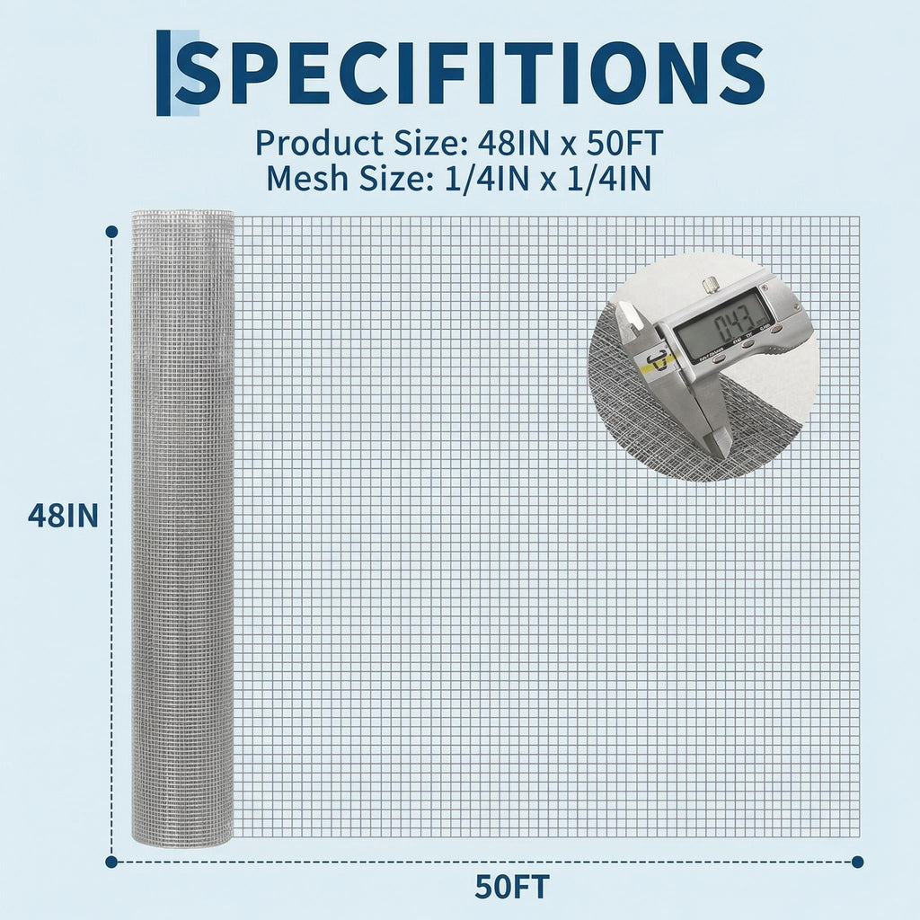 Garvee 48inch x 50ft Hardware Cloth 1/4 inch Chicken Wire Fencing 23Ga, Hot Dipped Galvanized After Welding Garden Plant Supports Welded Metal Chicken Wire Fence, Poultry Animal Netting Cage Screen
