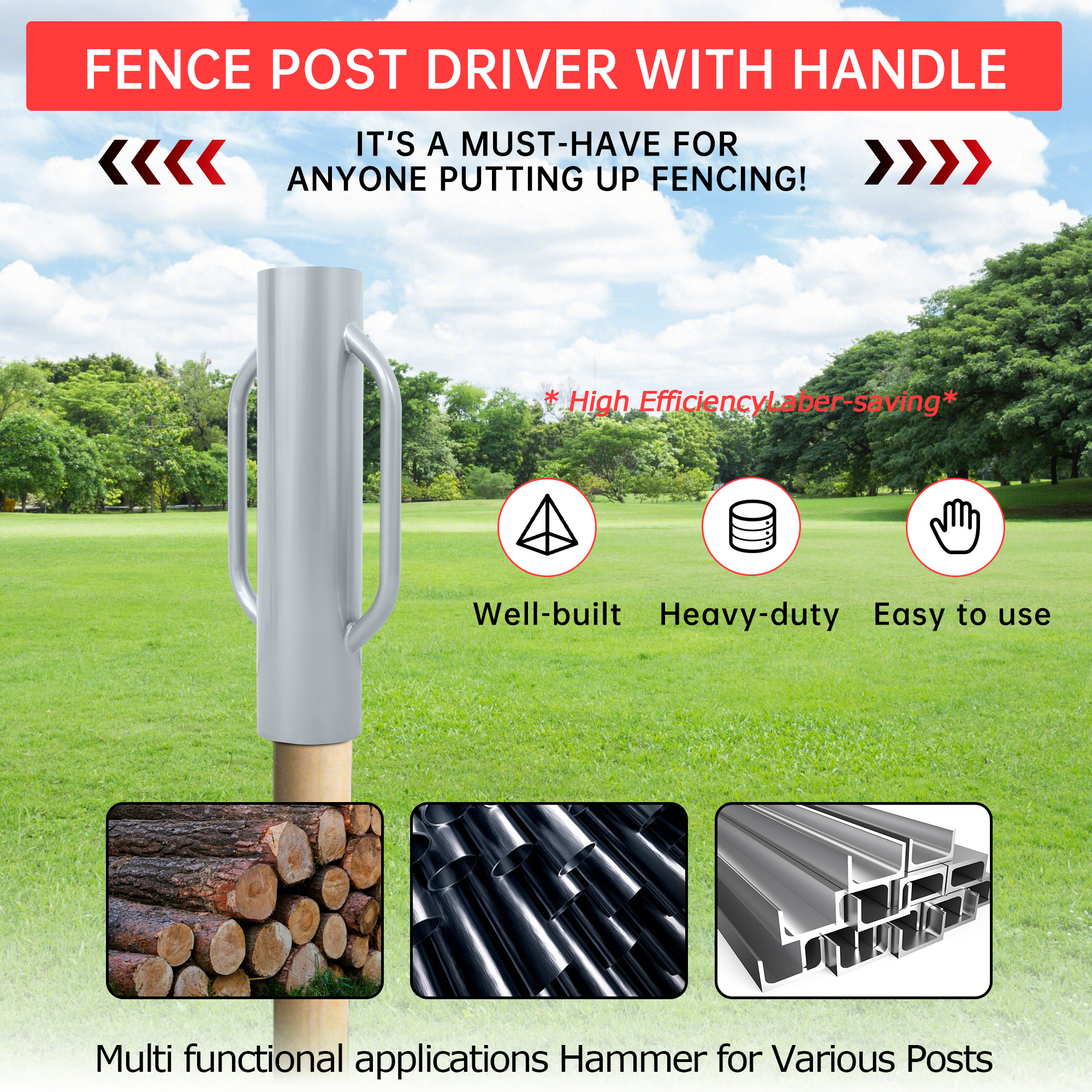 Garvee 37 Lbs Fence Post Driver Heavy Duty Steel Handles Durable Multipurpose T-Post Pounder for Fence Installation Outdoor Use