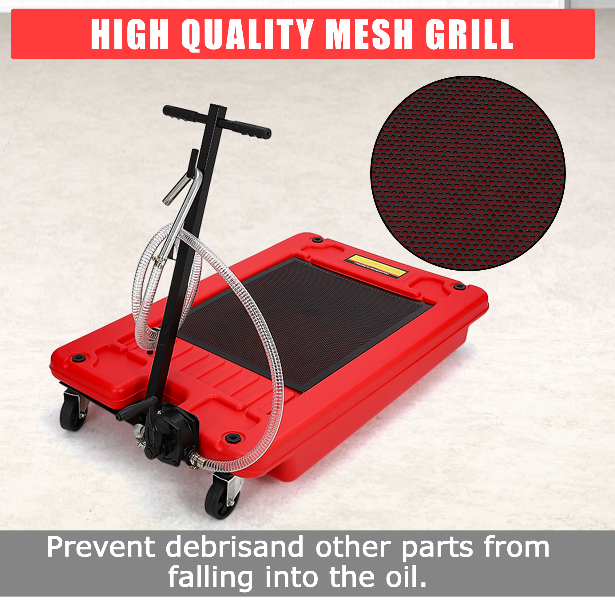 Garvee 17 Gallon Low Profile Oil Drain Pan with Hand Pump, Foldable T Handle, Wheels, Polypropylene, 8FT Hose, for Cars & Trucks