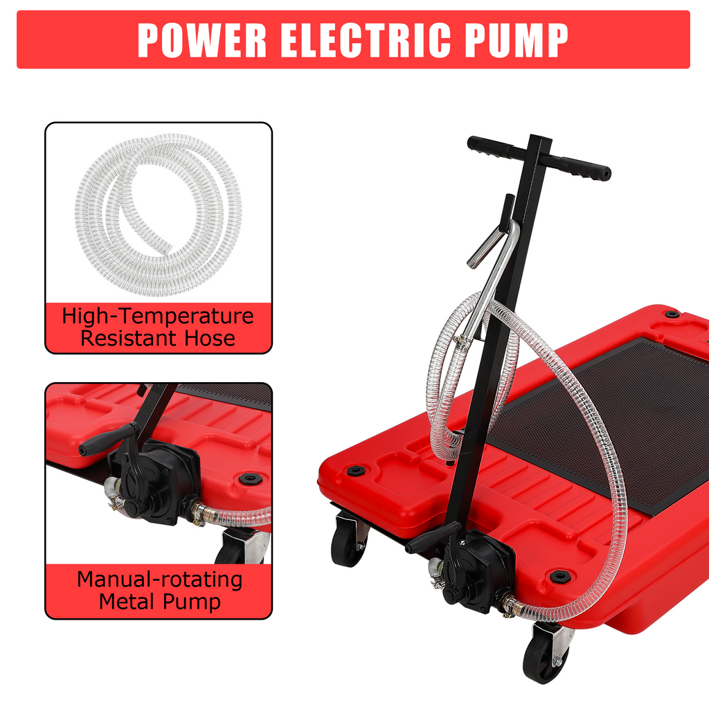 Garvee 17 Gallon Low Profile Oil Drain Pan with Hand Pump, Foldable T Handle, Wheels, Polypropylene, 8FT Hose, for Cars & Trucks