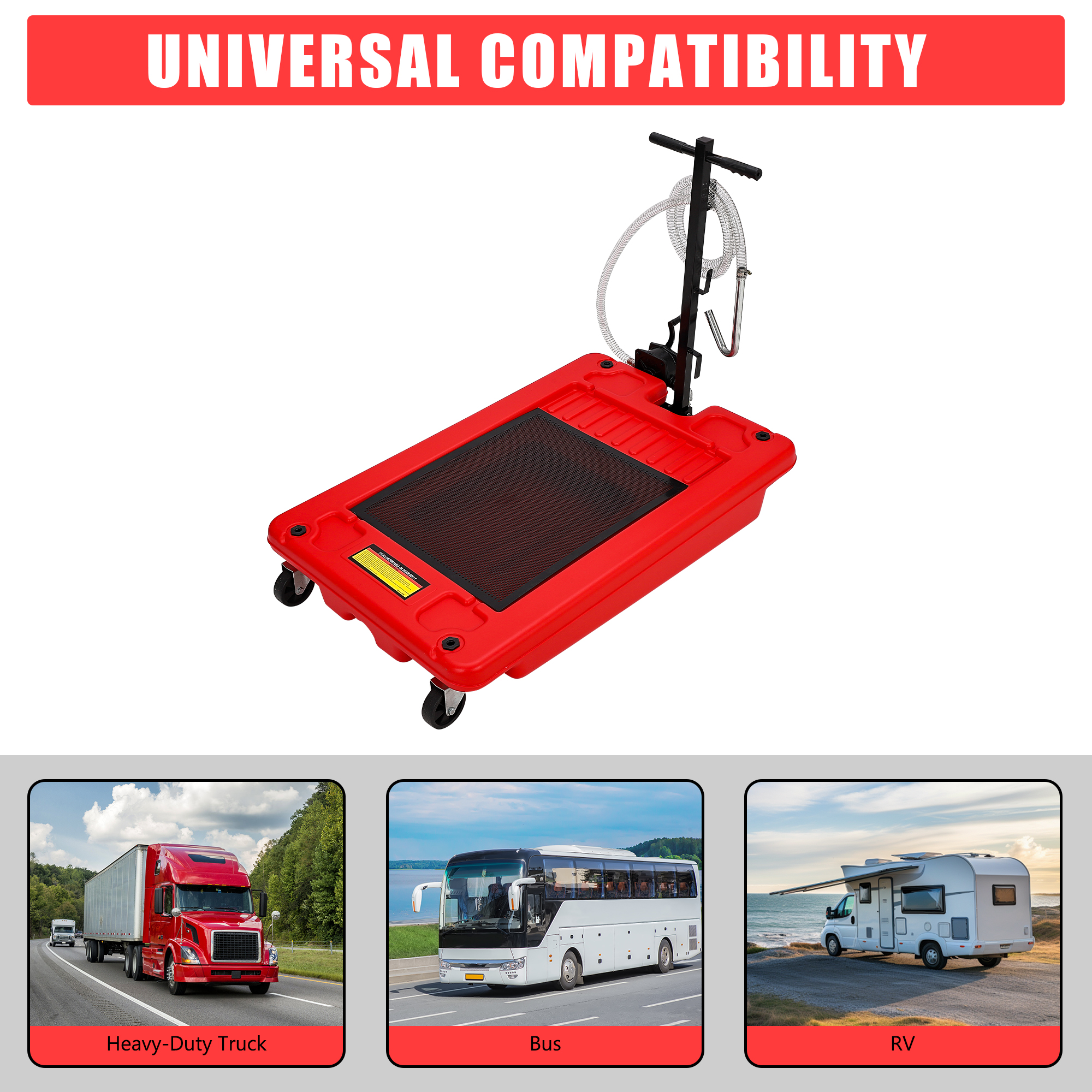 Garvee 17 Gallon Low Profile Oil Drain Pan with Hand Pump, Foldable T Handle, Wheels, Polypropylene, 8FT Hose, for Cars & Trucks